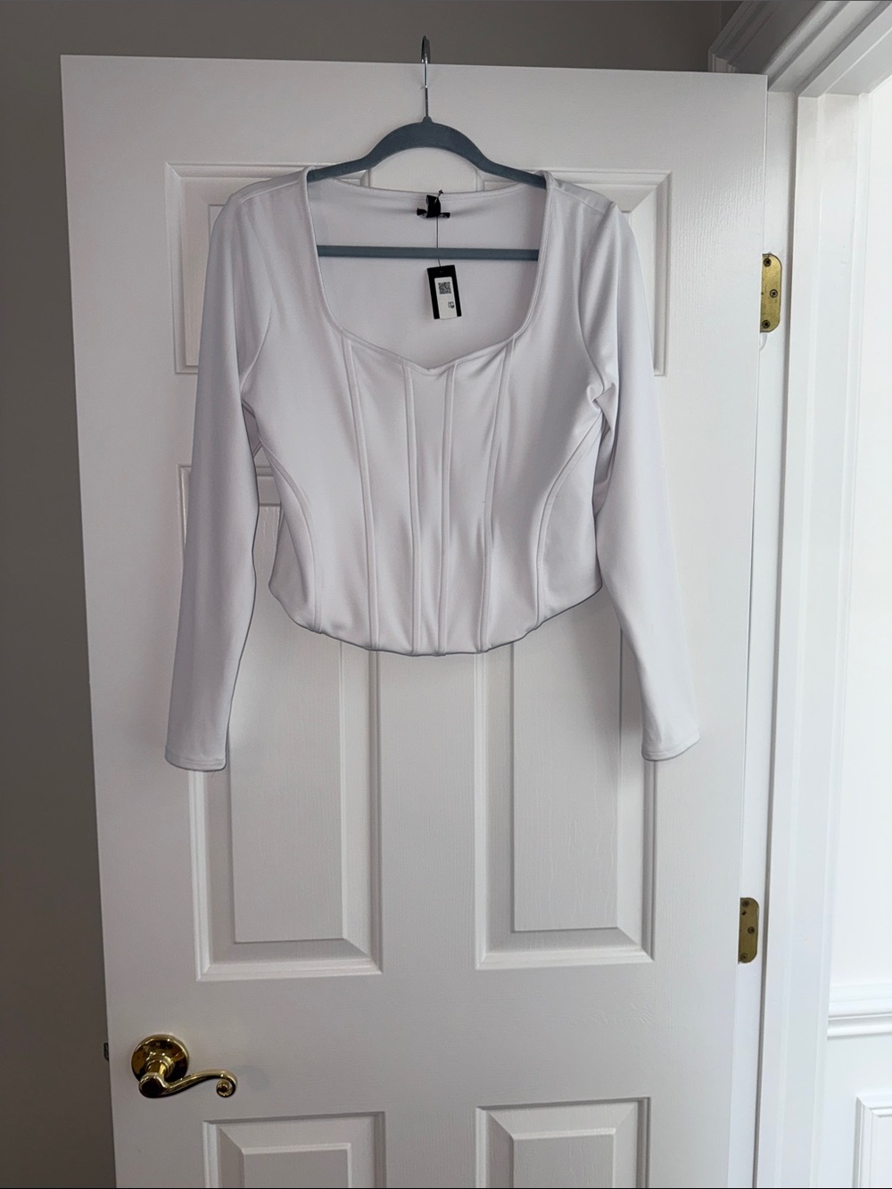 White Long-Sleeve Scoop Neck Corset Top - Unbranded